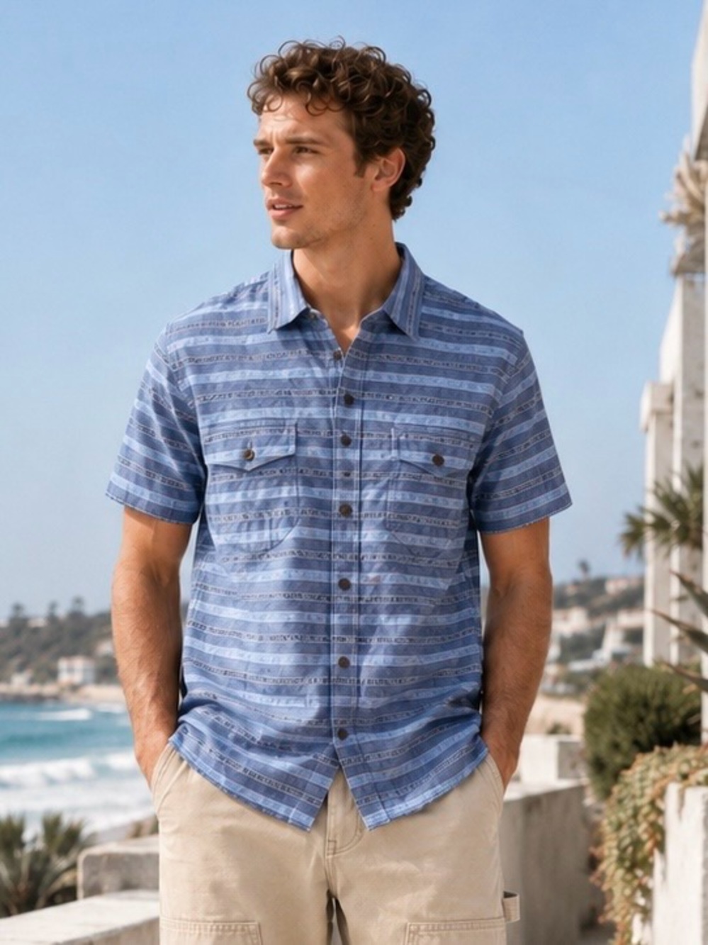 Volcom Zapped Jacquard Stripe Linen Cotton Shirt Airforce Blue L